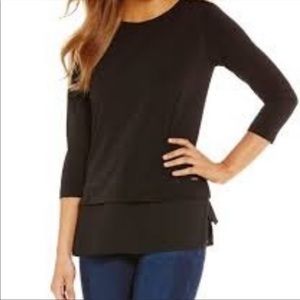 Ivanka Trump Long Sleeve Crew Neck Layering Airy Black Tiered Dress Blouse